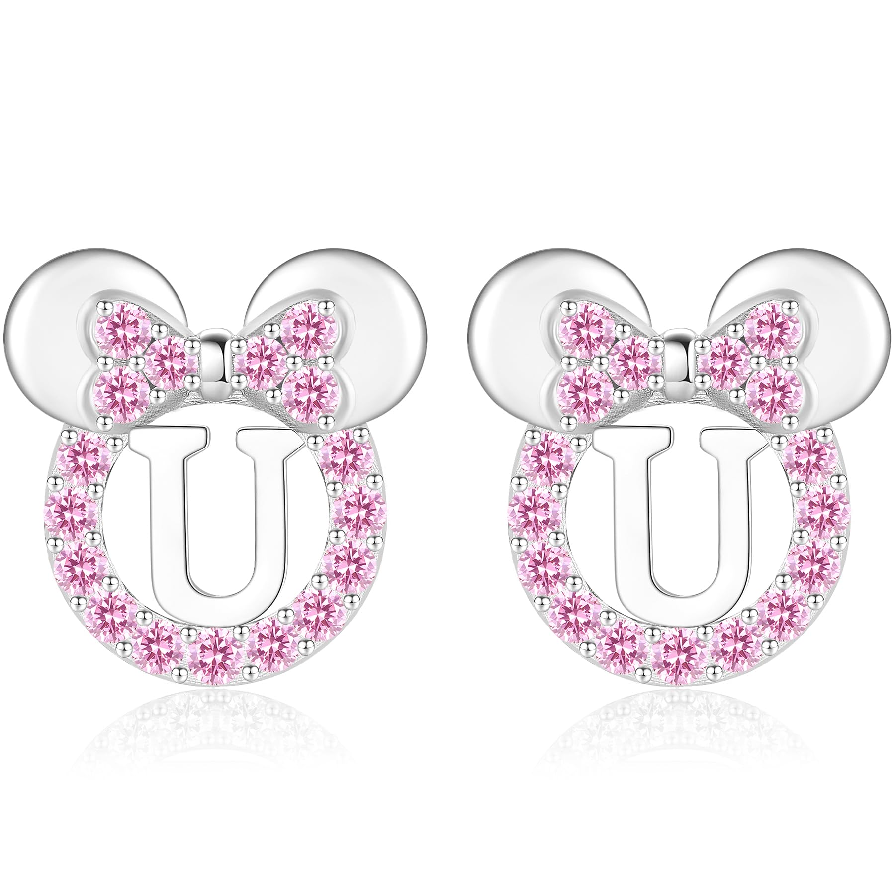 925 Sterling Silver Earrings for Girl Women: Hypoallergenic Initial Earrings with Pink Cubic Zirconia Cute Earrings Studs for Sensitive Ears Chirstmas Birthday Gifts