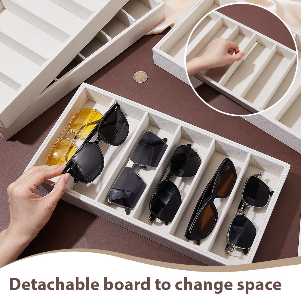 AHANDMAKER 4 Stück Samt Sonnenbrillen Organizer Tablett 6 Fächer Weiß Brillen Schmuck Display Uhr Aufbewahrungs Box für Frauen Kosmetiktisch Nachttisch Schublade Organisation