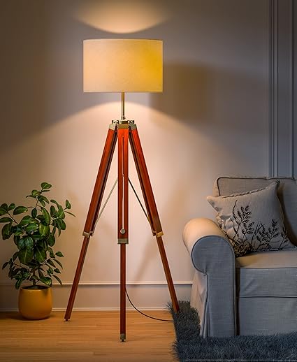 Divine Trends Tripod Floor Lamp Standing Wood Brown Polished Brass Antique Gold Adjustable 5ft Height 16 inches Off White Drum Lampshade for Living Room Corner, Bedroom, Home, Hotel Pack of 1