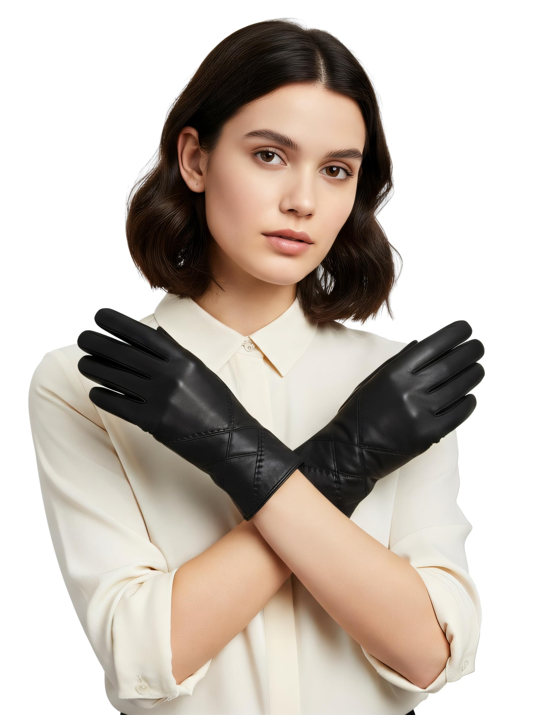 Vivisence Women Winter Leather Gloves Genuine Leather Wool Lined For Warmth, Black,M