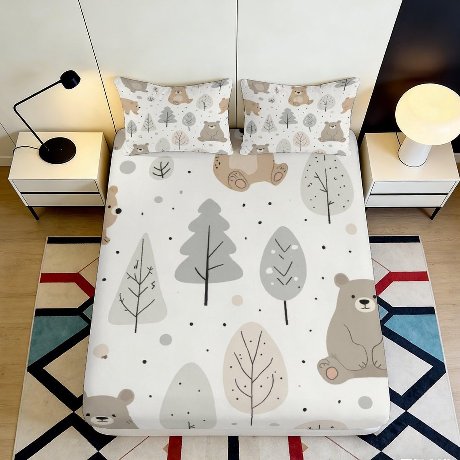 3D Printed woodland bear Fitted Sheet Microfiber soft touch, wrinkle resistant, home decor, guest room bedding, anti-slip, machine washable, stylish accent, dustproof, suitable for adults 90x200x25cm