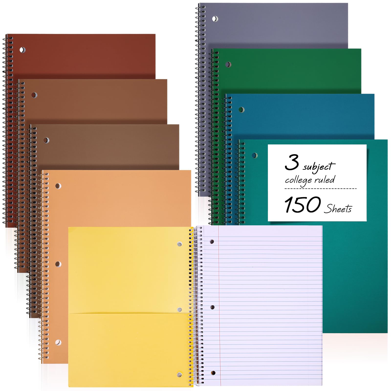 Qilery Lot de 8 carnets à spirale à 3 sujets lignés pour université - 20,3 x 26,7 cm - 3 compartiments - Couleurs assorties - Ligne facile à déchirer - 150 feuilles - Pour le bureau, l'école (couleur