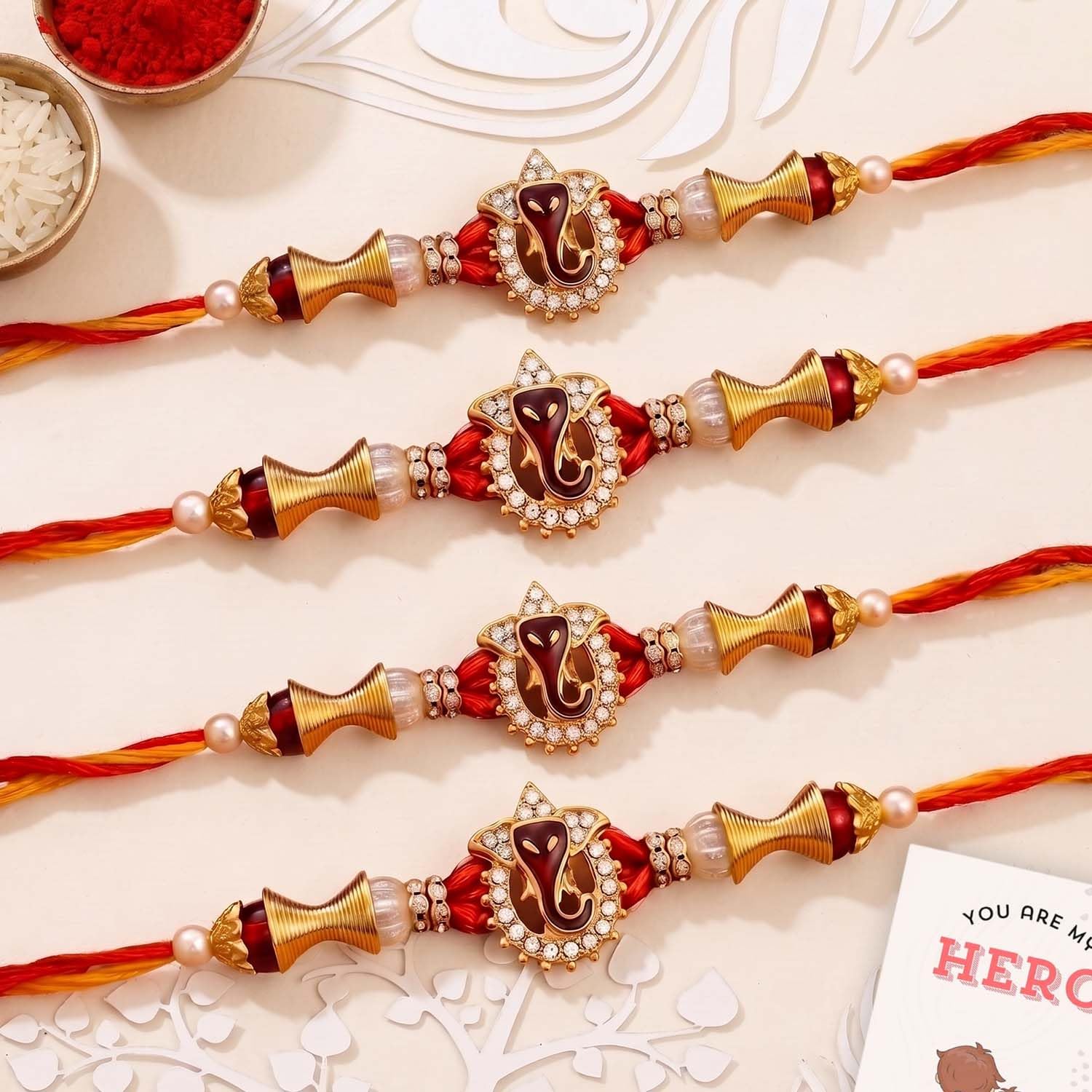 ascension Ganesha design Kundan Meena Rakhi Raksha Bandhan Gift Band Moli Bracelet Wristbands Stone Pearl Designer Rakhi for Brother bhaiya with Roli Tilak Pack-picture-19