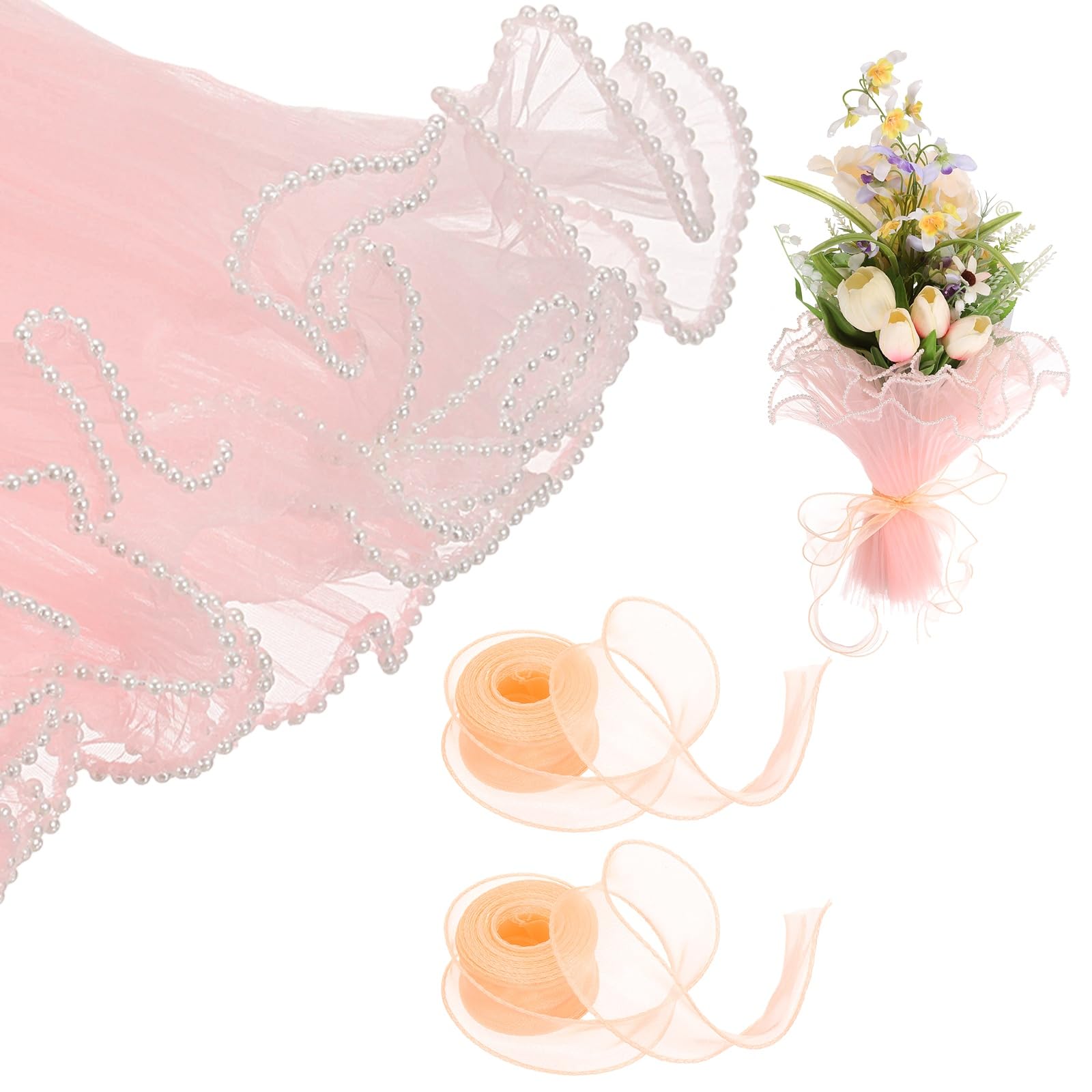 sourcing map 2 Pcs 4 Yards Flower Wrapping Mesh Paper Pearl Edge Bouquet Floral Packaging Paper with Organza Ribbon for Valentine's Day Wedding Birthday Florist Supplies, Champagne