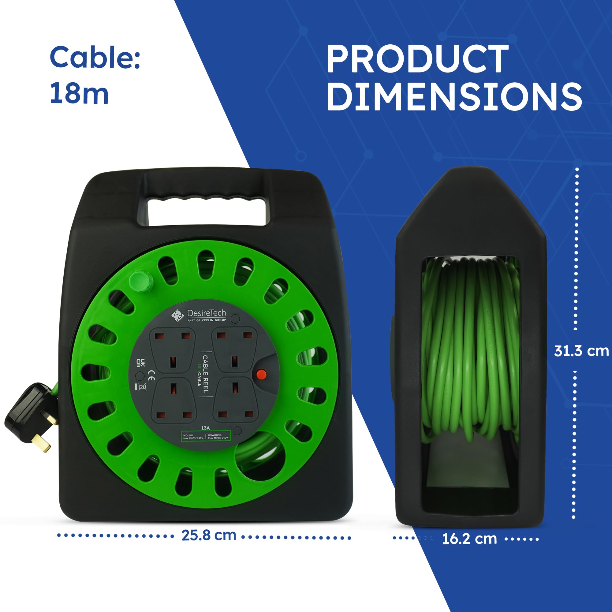 Desiretech - Cable de extensión portátil de 18 Metros - 4 enchufes obturados, Corte térmico, Mango ergonómico, Verde/Negro - Cable de extensión Resistente para Uso en Interiores (18 Metros)