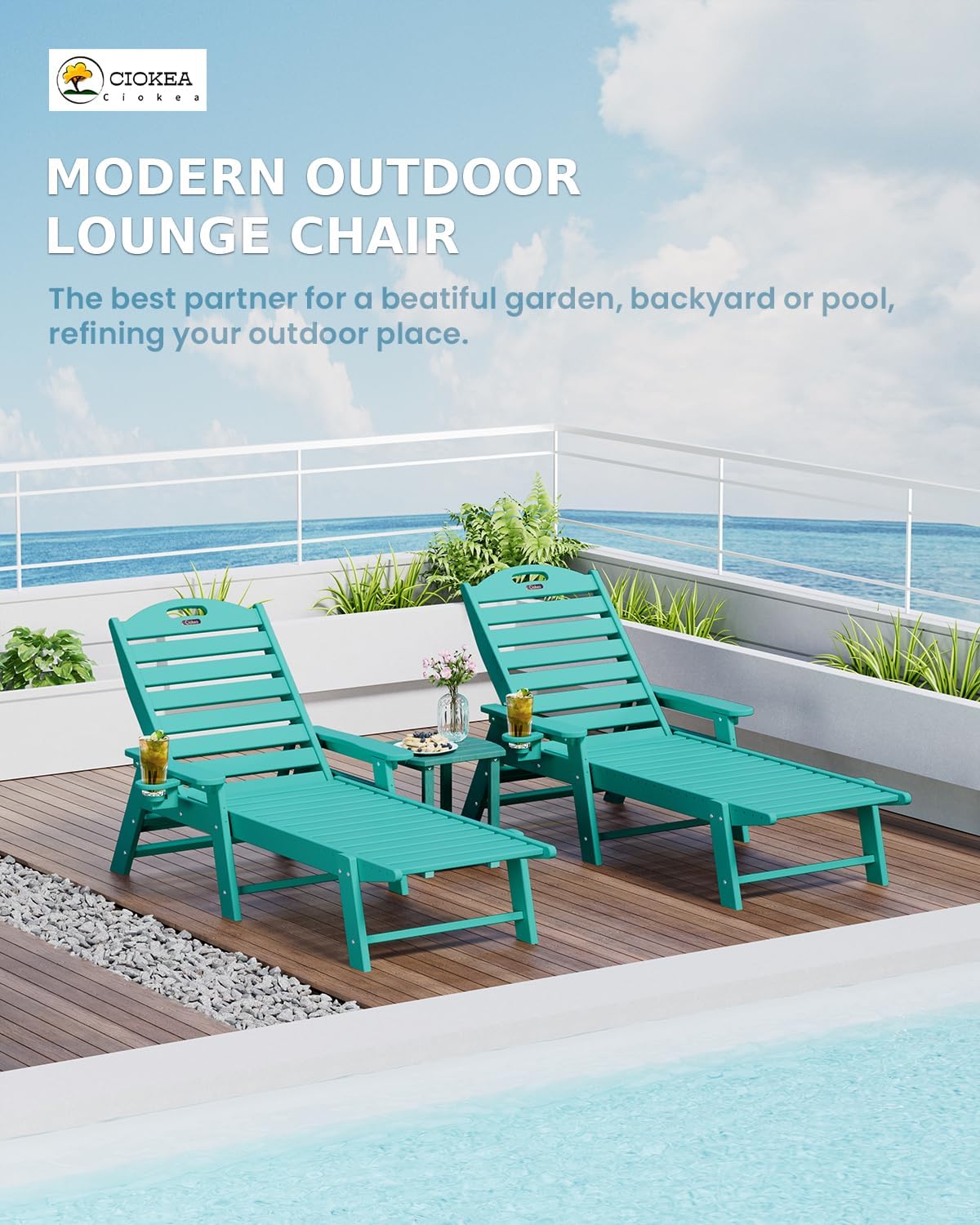 Chaise Lounge Outdoor with 6-Position, Oversized Patio Lounge Chairs with Cup Holder in HDPE, Lounge Chair for Outside Beach Pool, 480LBS, Lake Blue