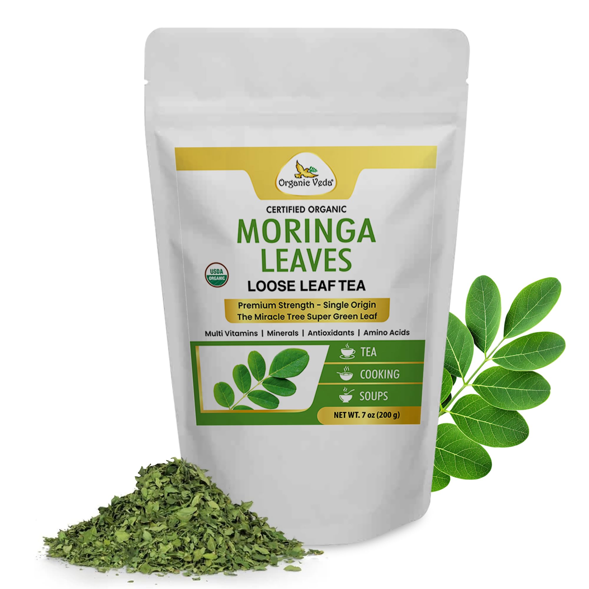 Organic Veda Moringa Tea Leaves - True Green Antioxidants Rich, Premium Single Origin,100% Organic Moringa Oleifera Loose Leaf Tea, Baking, Soup Powder - Boosts Energy, Digestion, Focus - 7oz