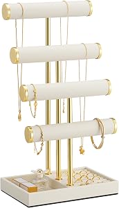 Lolalet Necklace Holder Organizer, PU Jewelry Display Stand, Beige, 4-Tier