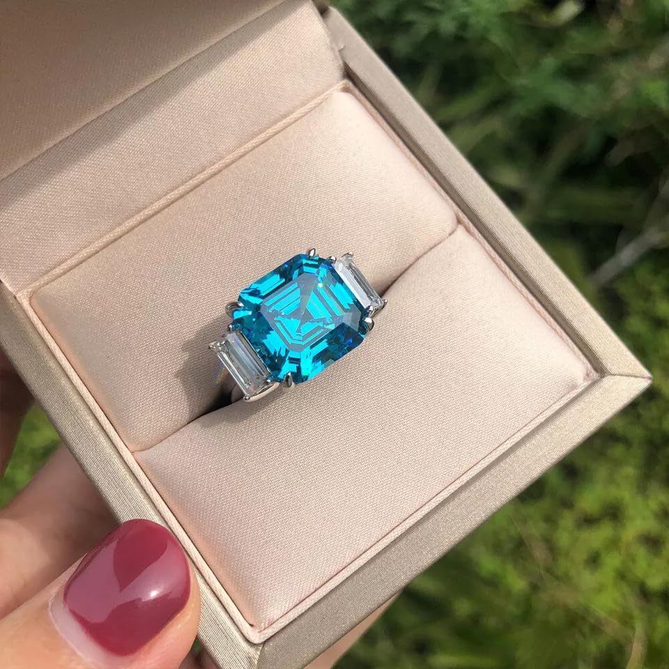 rkjewellry_store || 14k White Gold Finish 925 Sterling Silver 3 Ct Asscher Cut Blue Topaz & Diamond Three Stone Engagement Ring Women's2