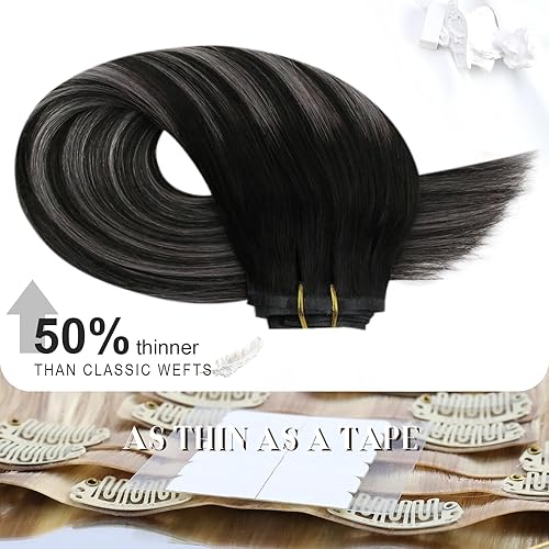 Miniatura 3 de Moresoo Extensiones de cabello humano con pinzas, sin costuras, trama con poliuretano, para toda la cabeza, balayage, ombré, negro a rubio platino,