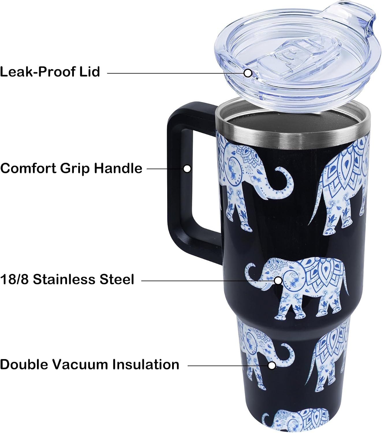 40 oz Cute Elephant Tumbler with Handle and Straw, Stainless Steel Insulated Cup with Lid and Straw, Travel Mug Water Bottle, Gifts for Women