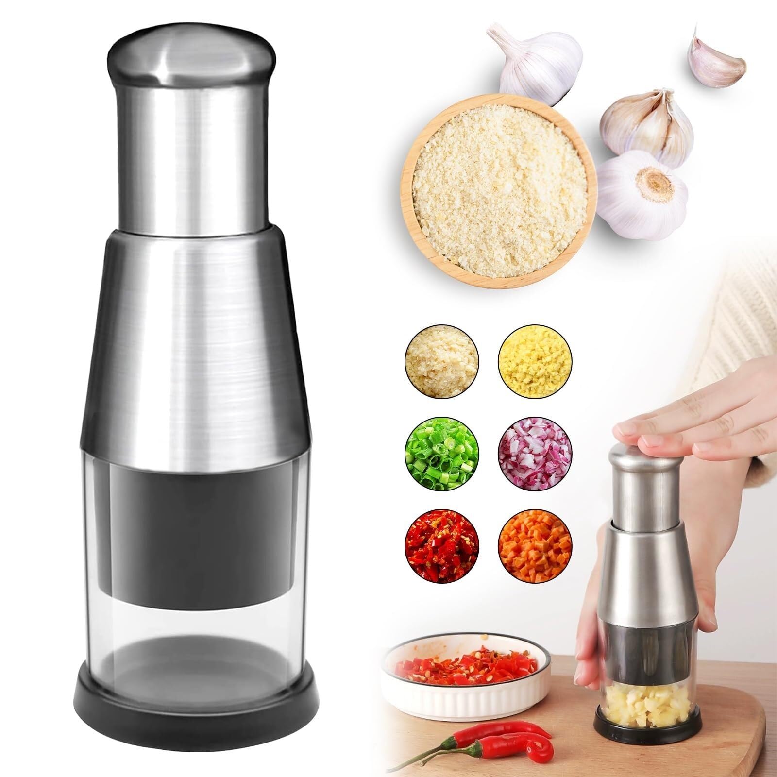 Knoblauchpresse Edelstahl Manueller Fleischwolf für Knoblauch, Ingwer, Zwiebel – Küchenpresse mit Griff und Schäler, ideal für Salatdressing und Kochen