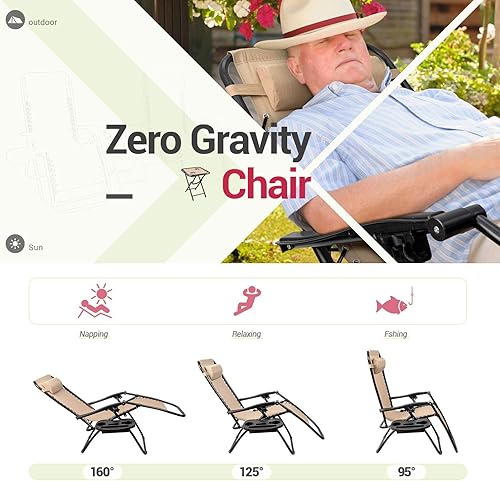 Miniatura 4 de Homall Juego de 3 sillas de gravedad cero para patio, reclinables, para exteriores, sillas reclinables portátiles con mesa auxiliar (beige)