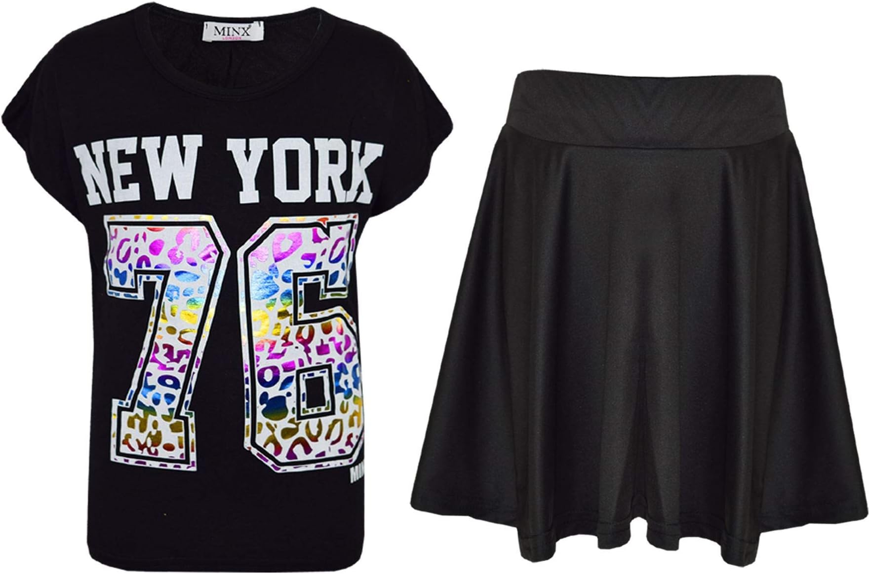 Girls T-Shirt and Skater Skirt Set Short Sleeve Top and Flared Skirt Outfit Stylish Summer Clothing for Kids Casual Matching Set for Holidays, Parties, Everyday Wear Age 5-13