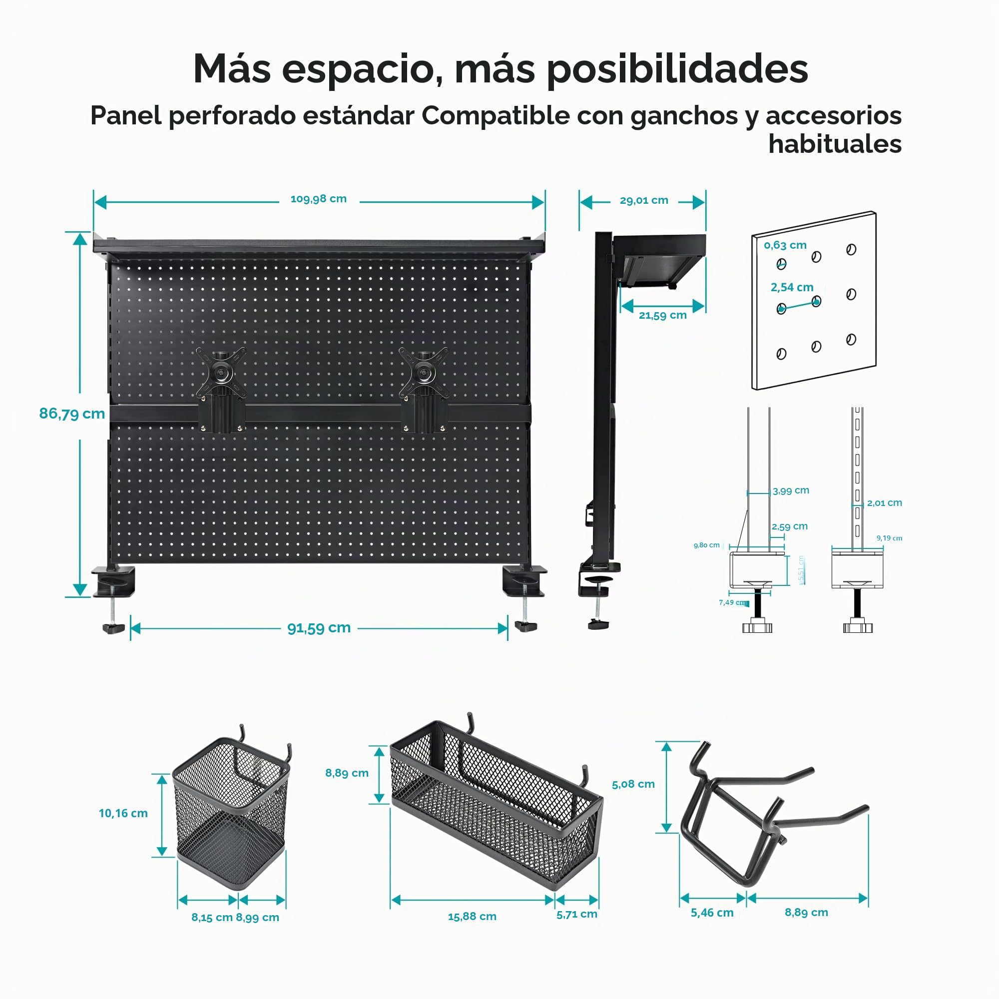 EUREKA ERGONOMIC Tablero de clavijas de escritorio, tablero de clavijas de acero con soporte para monitor doble, accesorios de escritorio de computadora para oficina, panel de privacidad para