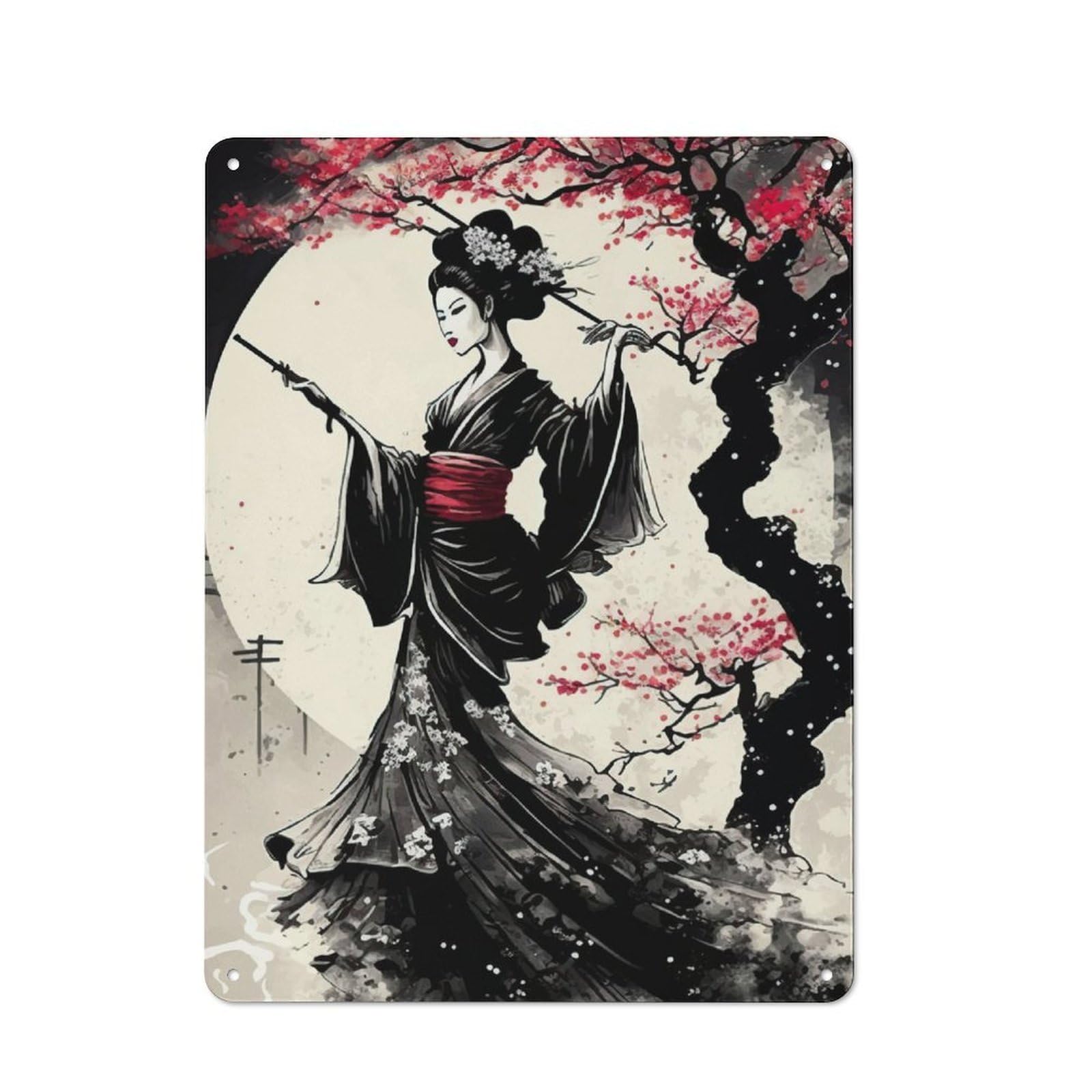 Junmoney Geisha Cherry Blossom Tin Wall Plaque 40X30cm With For Living Room Wall, Gift For Feature Wall Decorators During The Christmas Season
