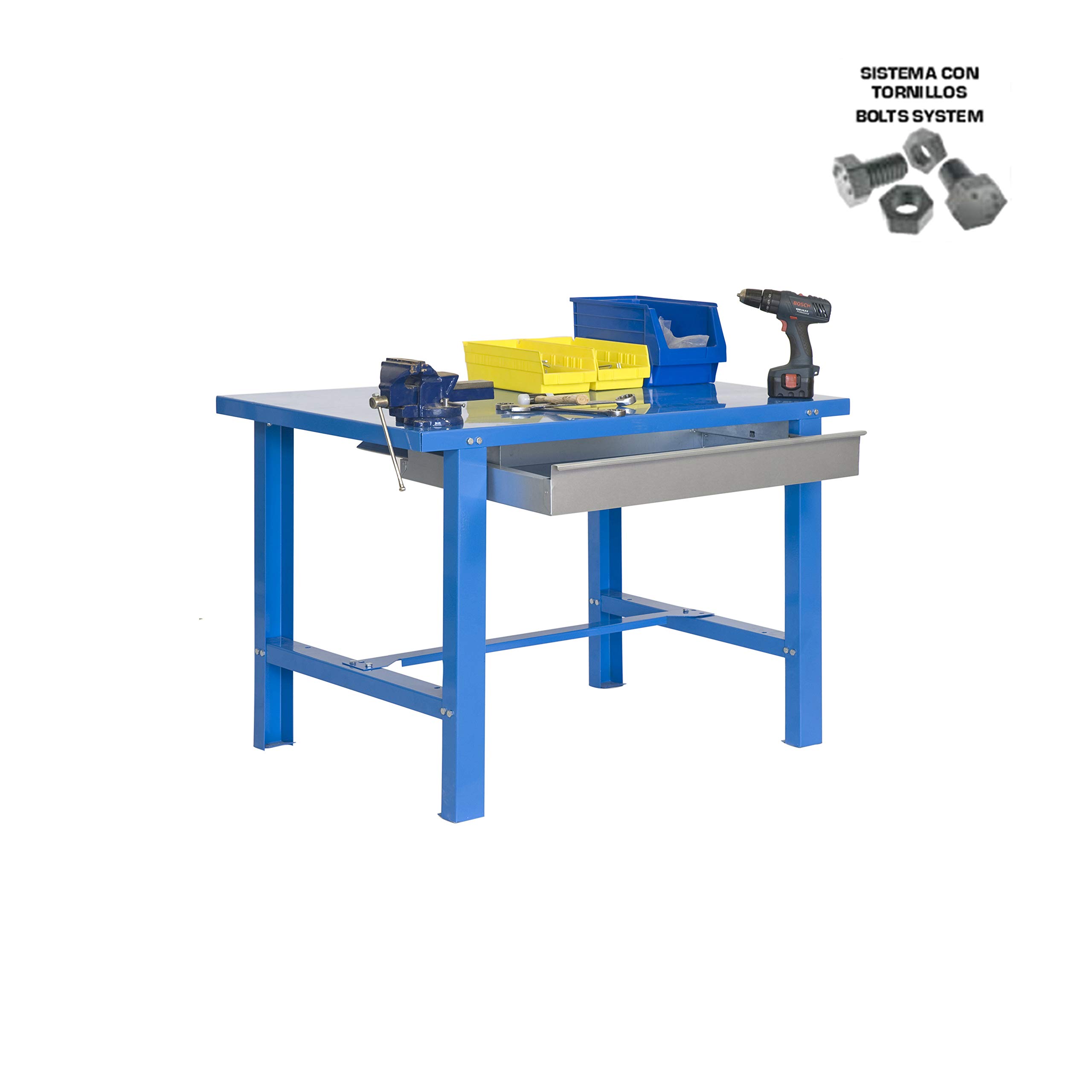 Simon Rack Mesa de Trabajo Taller con cajón 1200x730 mm - BT6 | Tablero Metal, Capacidad Carga 600 kg, Azul, Pintura anticorrosión