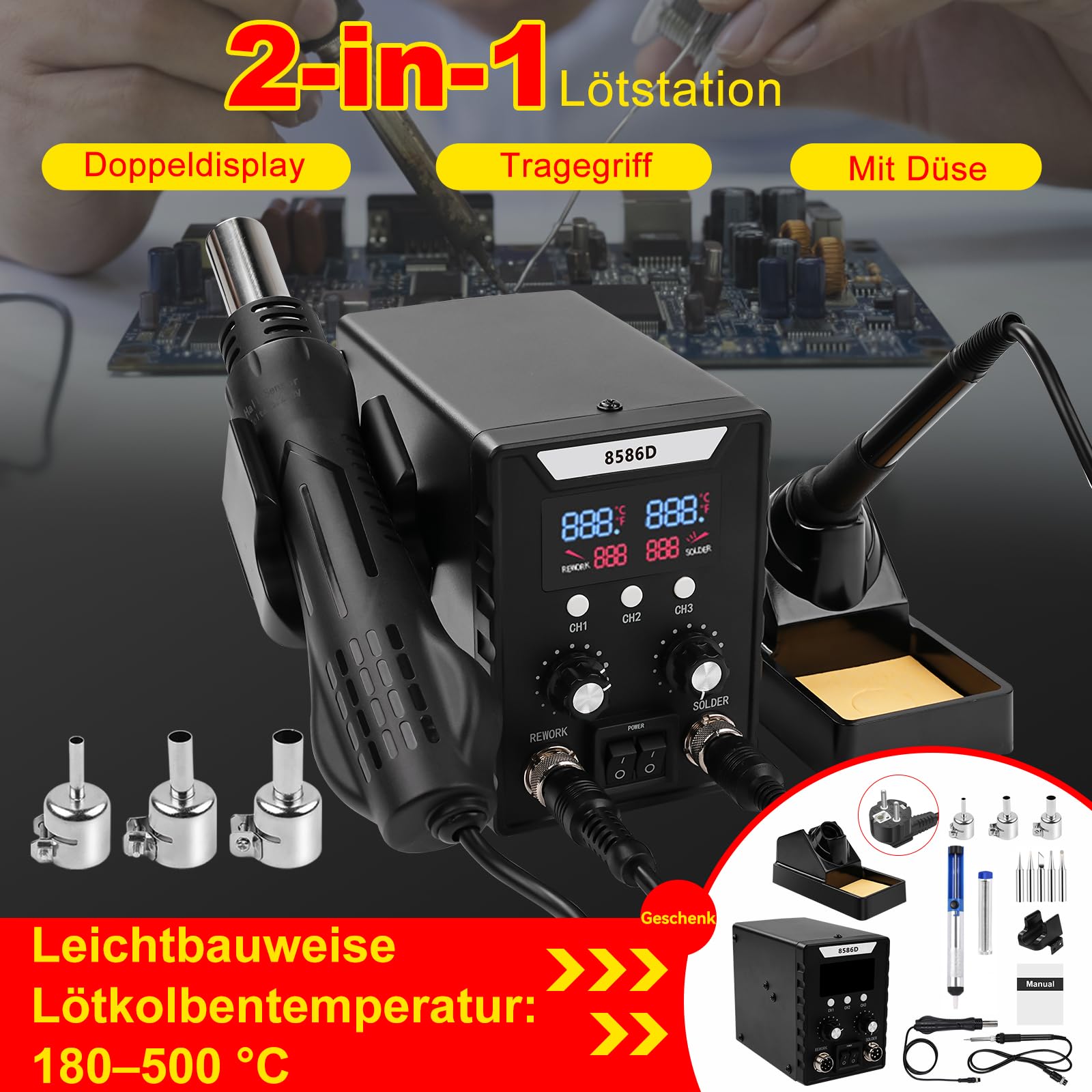 Profi Lötstation, 2 in 1 Heißluft Lötstation Lötkolben Set 8586D, Einstellbare Temperatur 180℃-500℃ mit 3 Luftdüsen für Elektrische Arbeiten Elektronische Reparatur