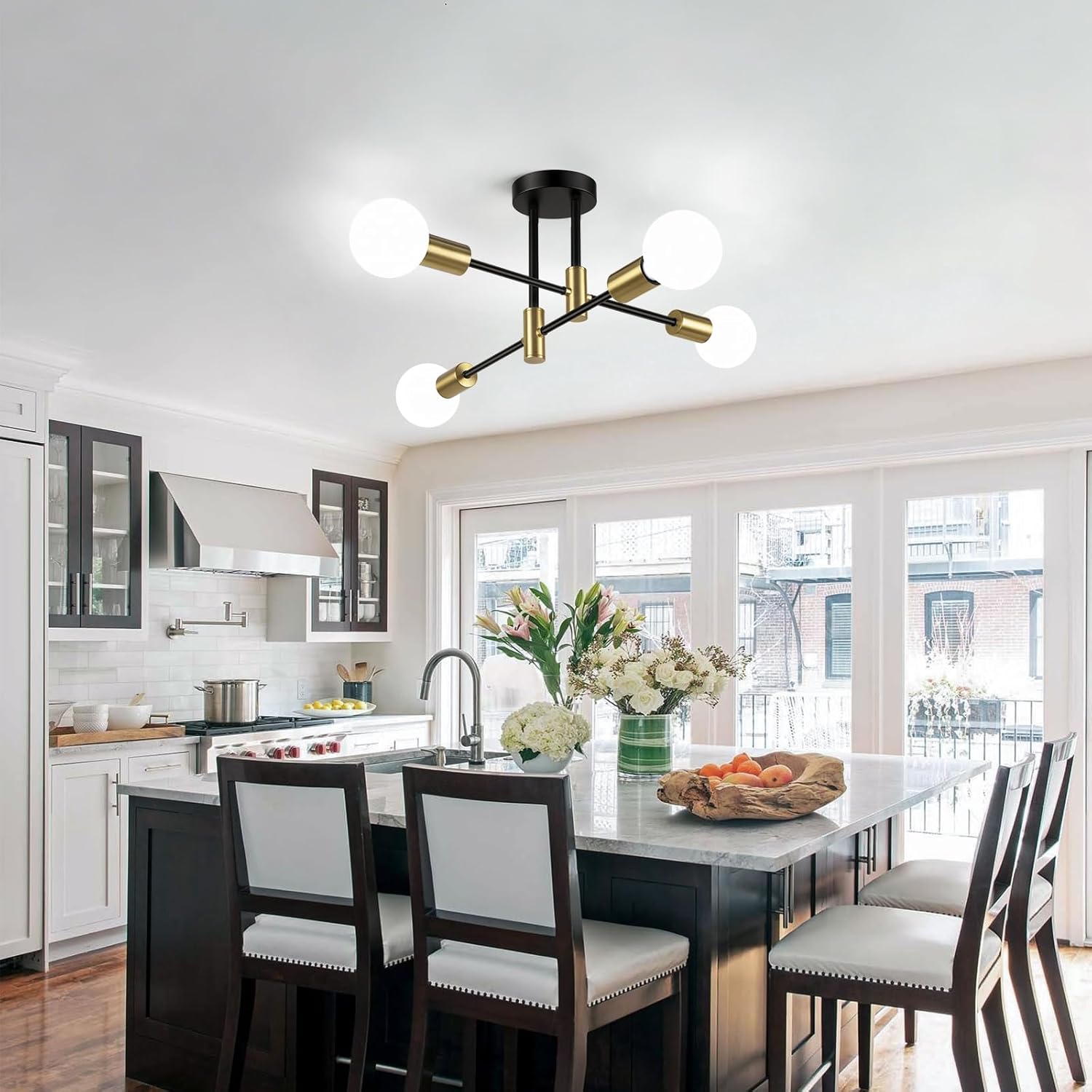 Bosceos Semi Flush Mount Ceiling Light Fixture, 4-Light Modern Black and Gold Sputnik Chandelier Industrial Ceiling Lamp for Kitchen Dining Room Living Room Bedroom Foyer