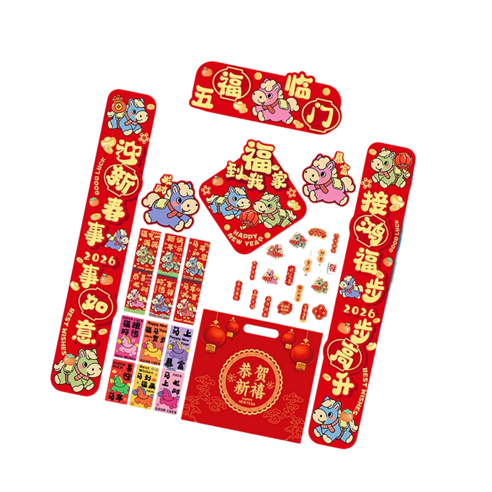 Tfaoys Five Blessings Come Prosperous 2026 Horse Year Spring Festival Door Decors Set With Couplets And Lucky Characters For Holiday Ambiances Red Couplets For Prosperity