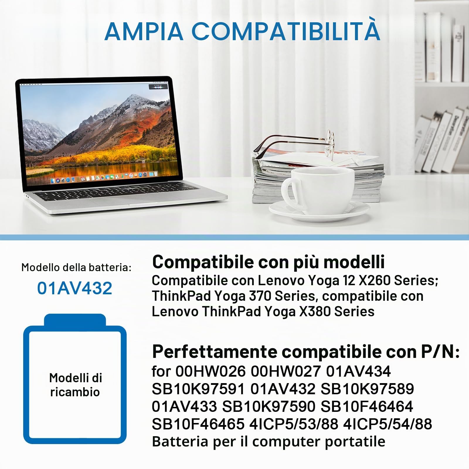 00HW026 00HW027 01AV434 01AV432 Laptop Batteria per Lenovo ThinkPad Yoga 260 370 X380 Serie, Sostituzione per SB10K97589 SB10K97590 SB10K97591 SB10F46465 SB10F46464 01AV433 15.2V 44Wh