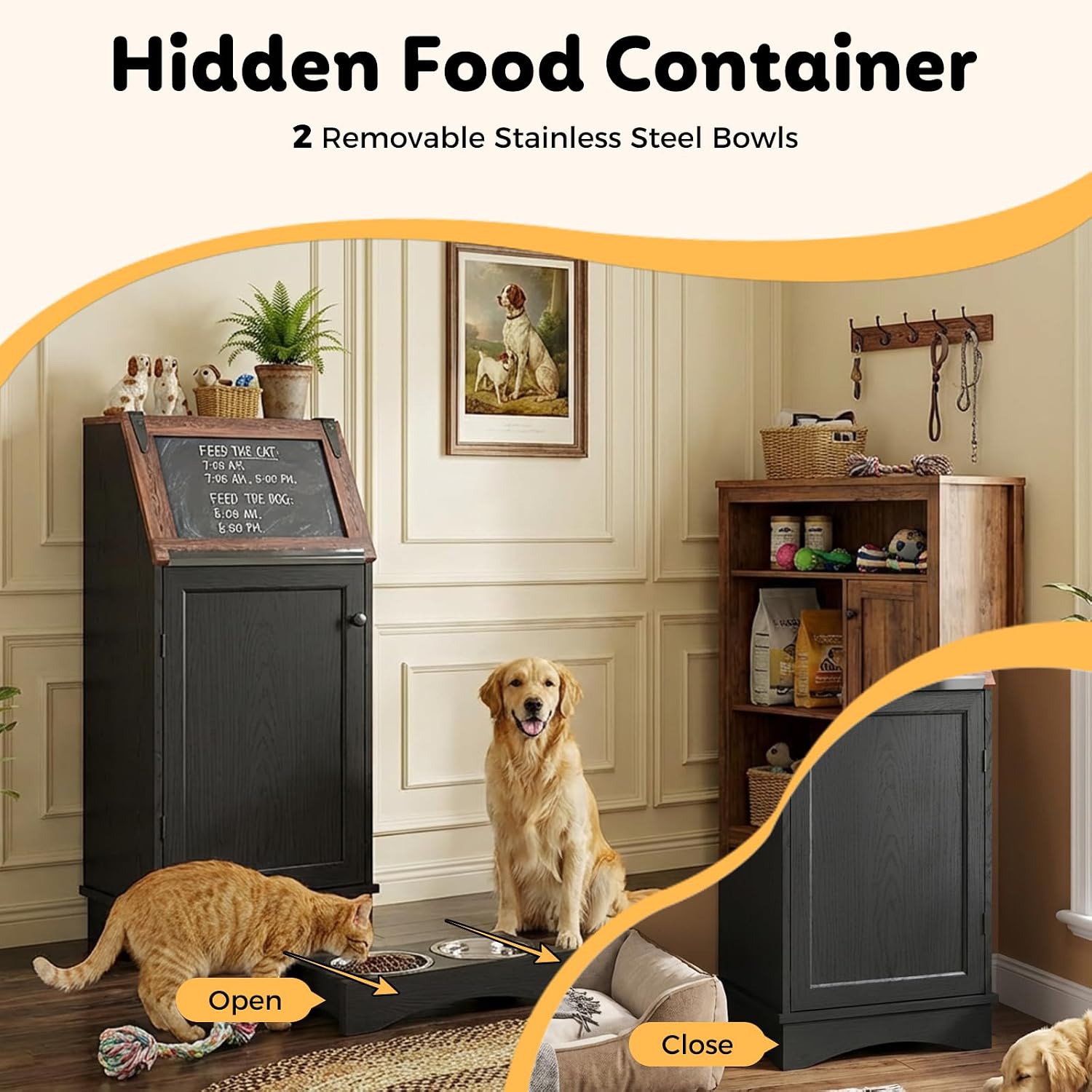 Dog Food Feeding Station with Storage, Pet Food Storage Cabinet with Bowls and Flip-Top Blackboard, Hidden Trash Can, Pet Organizer Cabinet for Dog and Cat, Black
