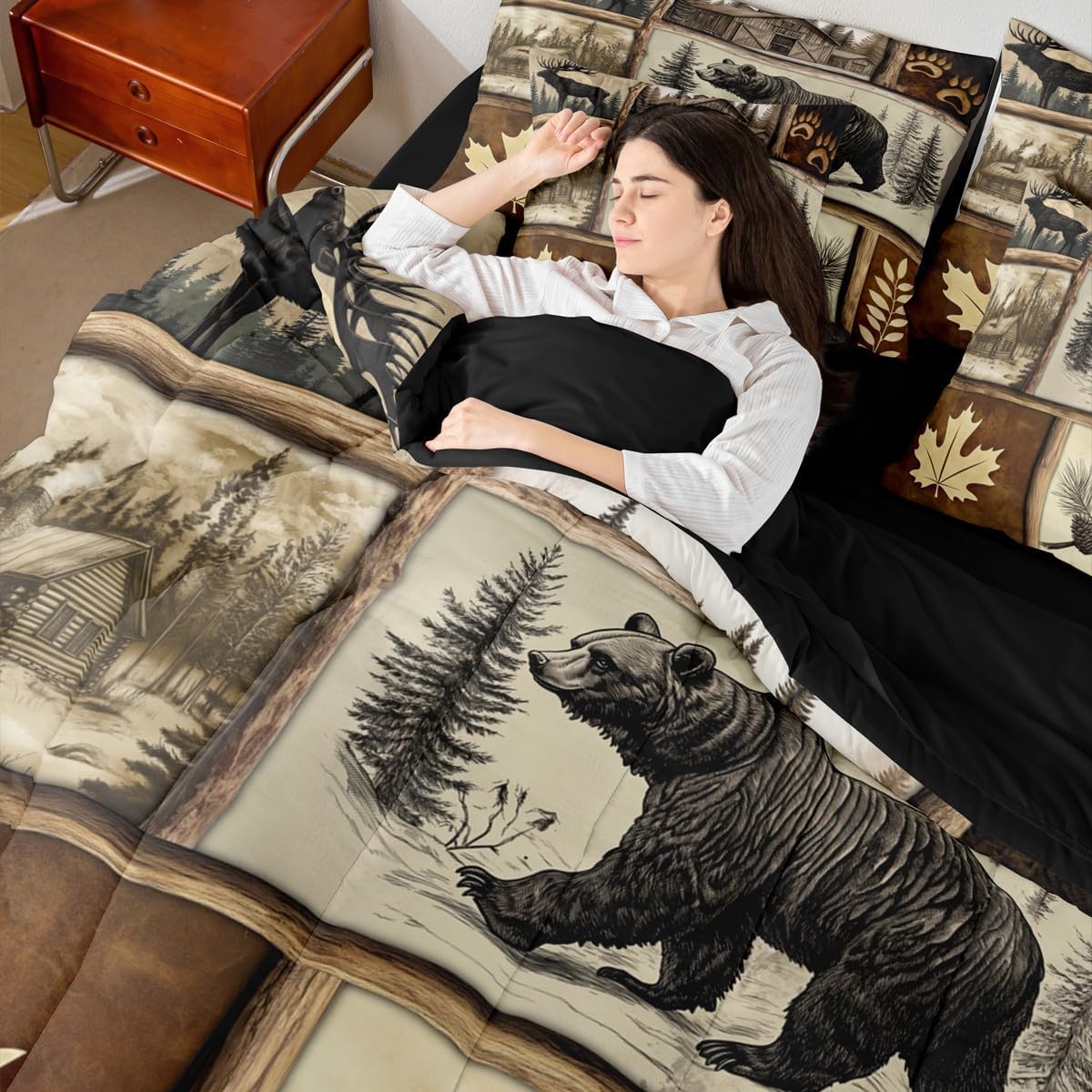 Erosebridal Hunting Bear Deer Bedding Set (King Size,7 Pieces) | Rustic Cabin Lodge Comforter Set with Sheets Country Patchwork Plaid Bed in A Bag Rural Maple Bear Paw Print Quilt Duvet Insert