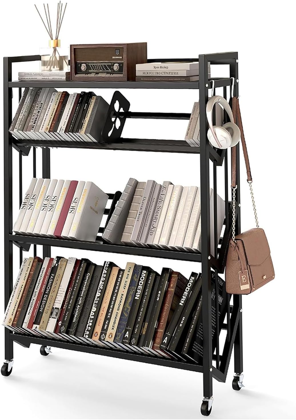 Book Carts with Wheels, Library Rolling Book Cart 4 Tier Movable Bookshelf Mobile Large Capacity Organizer Rack for Teacher Classroom Office Room School (46.5'' H)