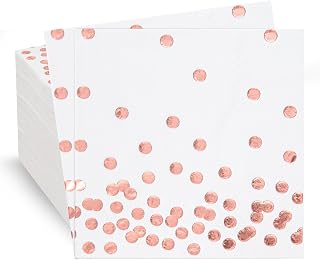 80 sztuk białych papierowych serwetek koktajlowych ze złotą folią, konfetti w kropki, artykuły imprezowe w kropki (12,7 x 12,7 cm, 3-warstwowe) (różowe złoto)