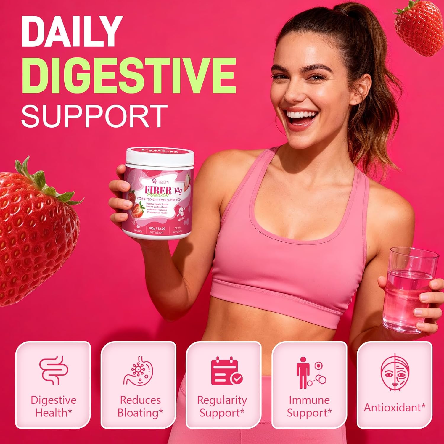 14G Fiber Supplement with Probiotics, Prebiotics, Digestive Enzymes, Vitamin C, Magnesium, Fruit&Herb Powder, Fiber Powder for Digestive Health & Skin Health, No Sugar, Strawberry, 40 Serv. - Image 3