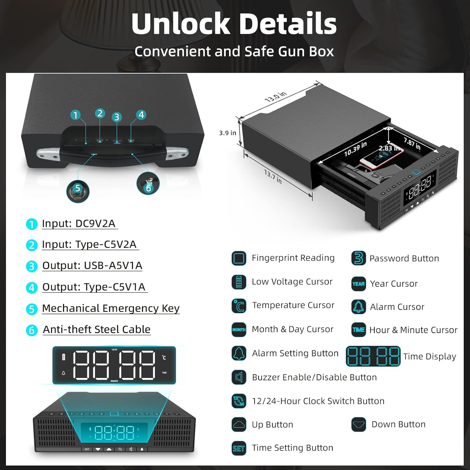 Fingerprint Biometric Gun Safe, Drawer Safe for Hand guns with 5-Ways to Unlock, Store Cash and Valuables Securely- with Humidity |Temperature| Alarm Clock| Time