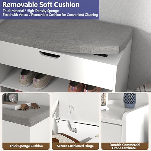 Miniatura 4 de Loomie Banco de almacenamiento de zapatos, banco de entrada de granja de 2 niveles con caja de almacenamiento superior elevable, cajón y cojín de