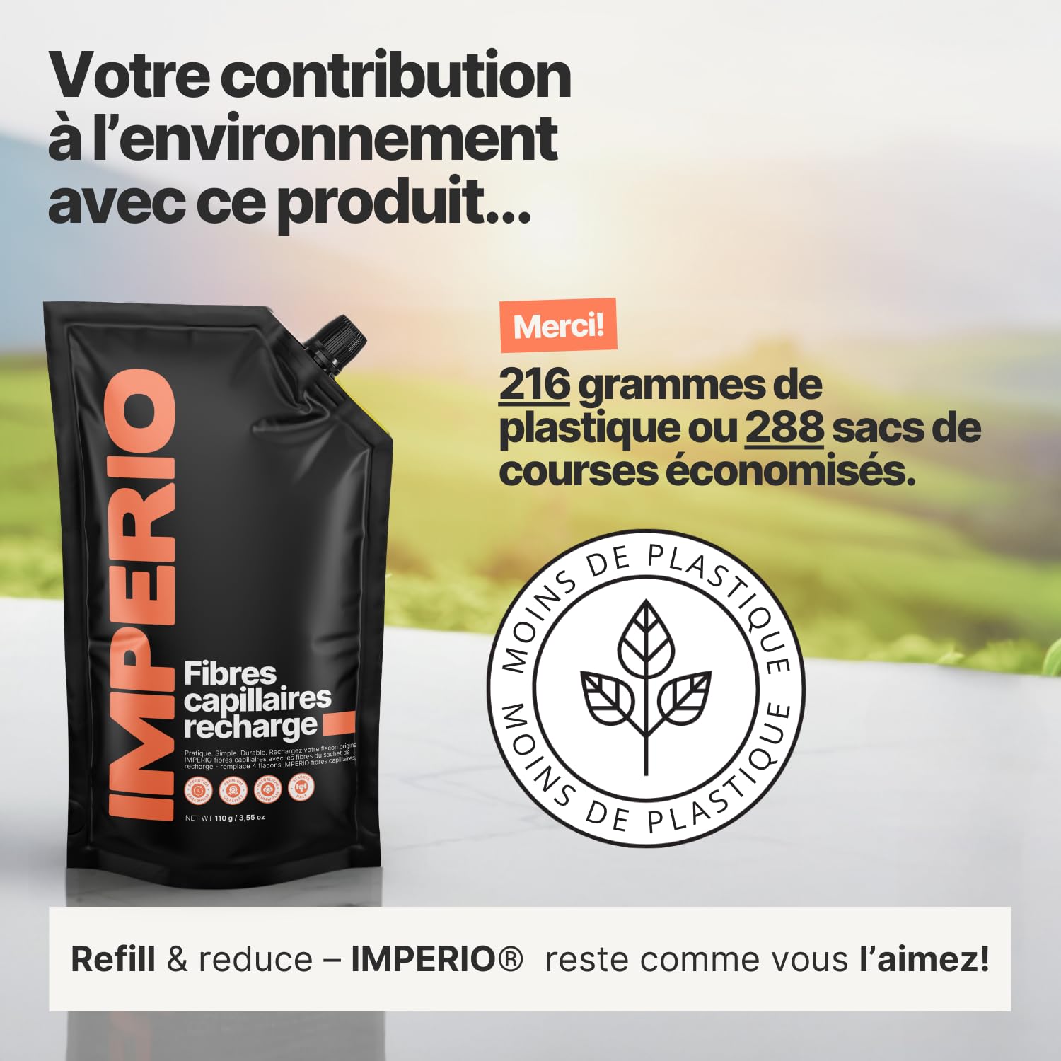 IMPERIO Pack de recharge pour cheveux dispersés - Recharge de 110 g avec cheveux raides de qualité supérieure - Recharge durable avec fermeture pratique - Remplissage facile de la boîte Hair Fibers
