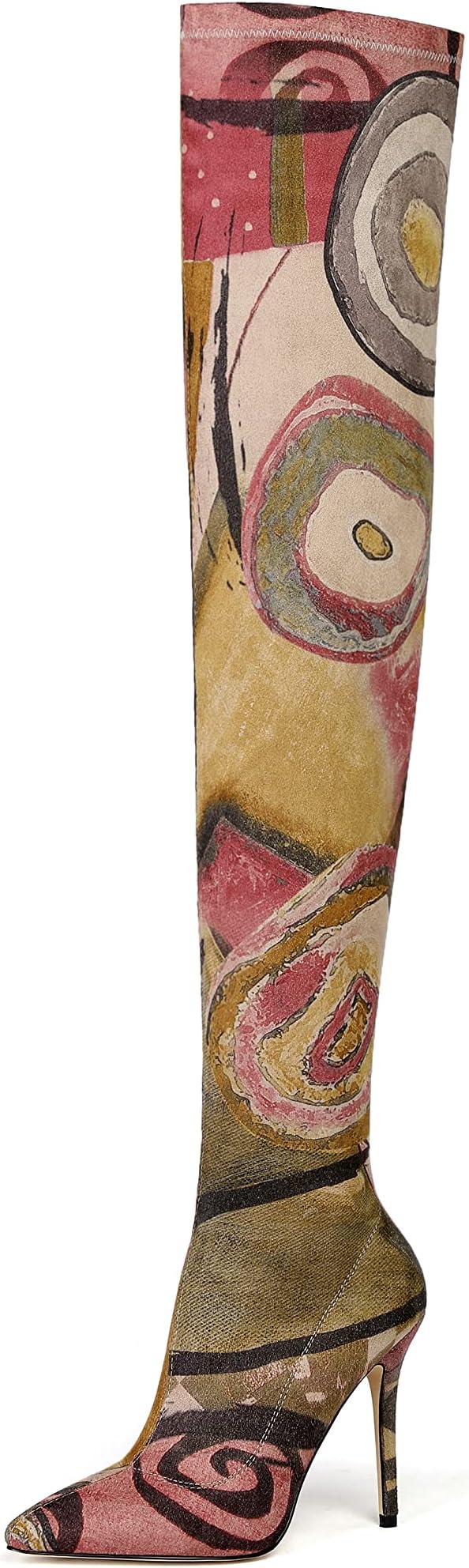 vivianly Women's Sexy Printed Stretchy Thigh High Boots Pointy Toe Stiletto Heel Booties Over The Knee High Heel Boot