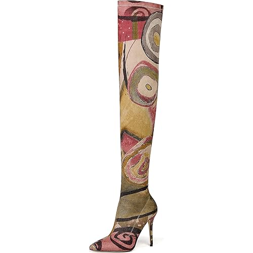 vivianly Womens Thigh High Boots Denim Pointy Toe Over The Knee Boots Stiletto Heel Long Boots