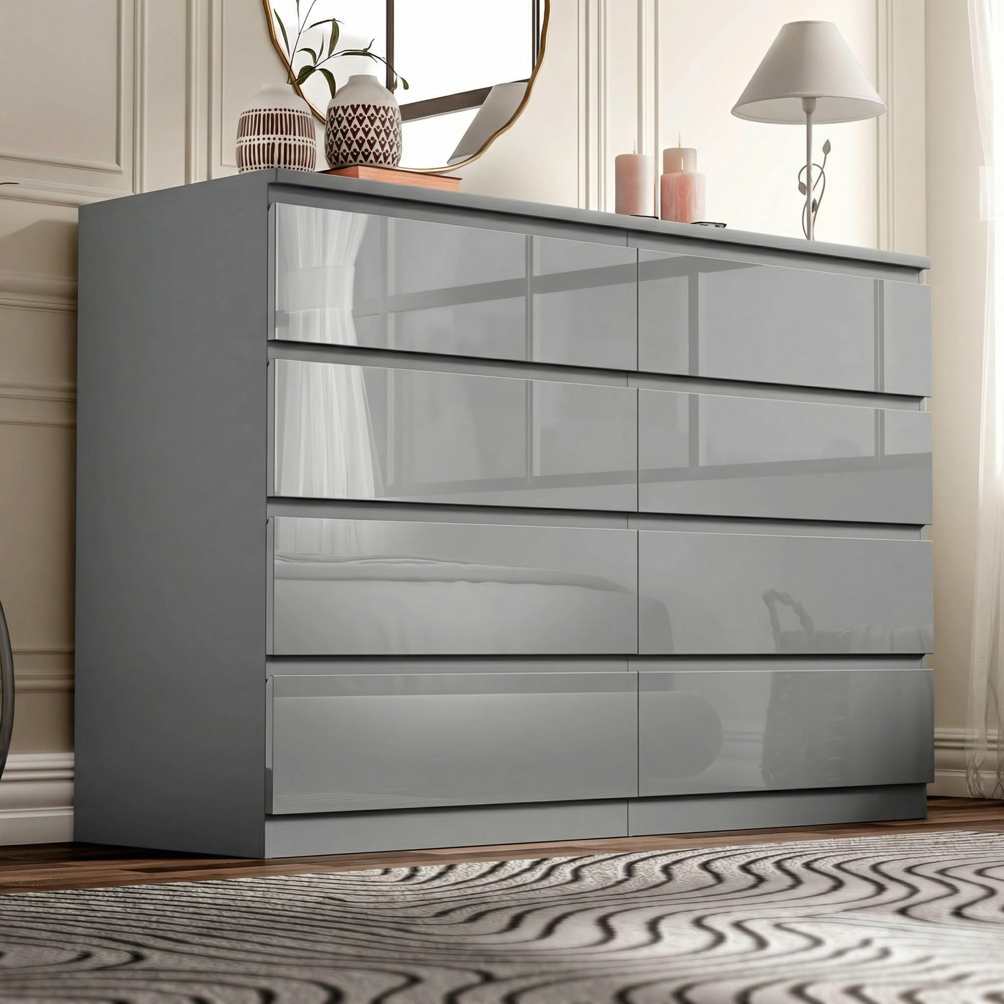 Blisswood High Gloss Chest of Drawers 8 Drawer Bedroom Large Storage Unit with Metal Runners, Grey Dresser cabinet for Clothes Living Room Bedroom Nursery Office Furniture 40D x 115W x 97H CM Grey
