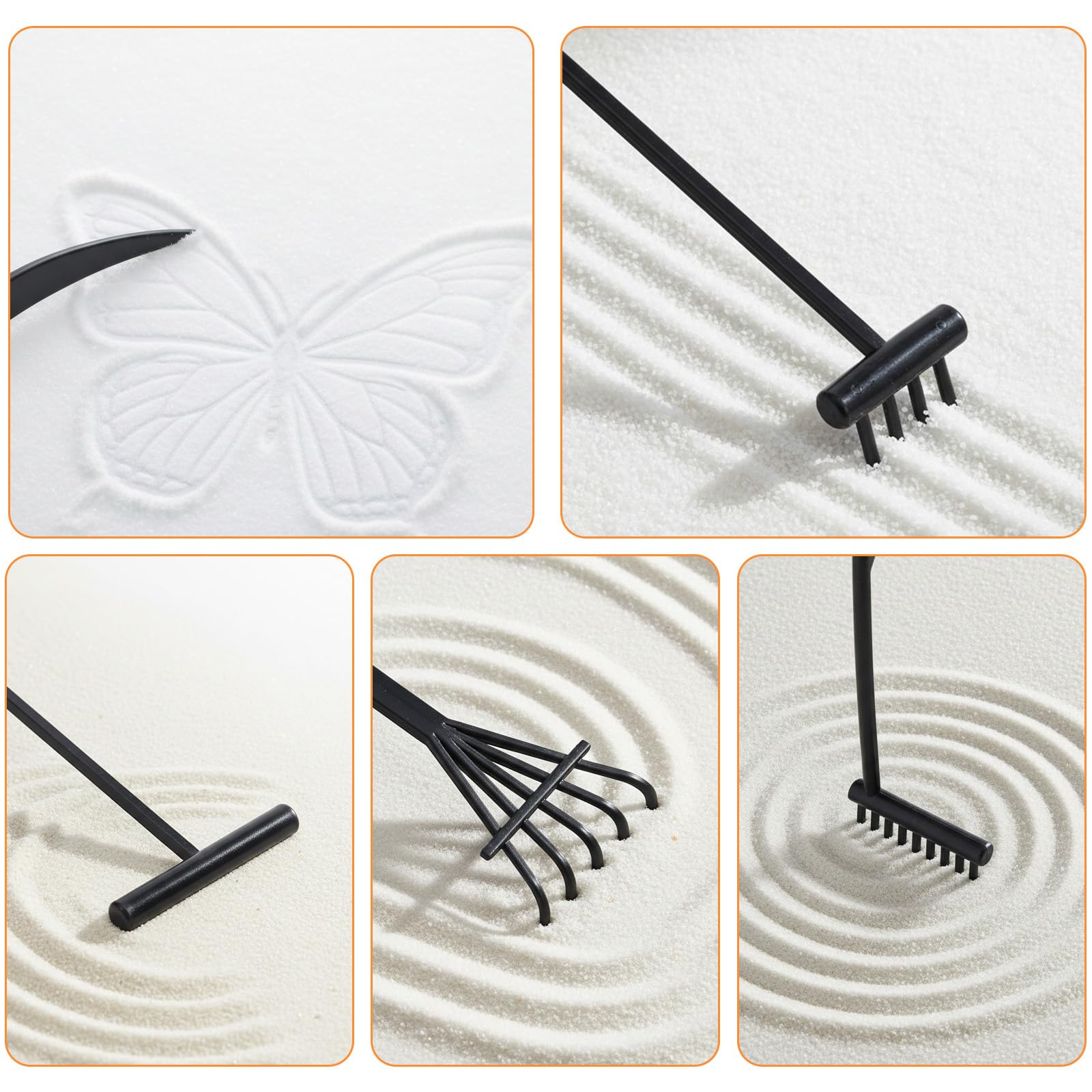 Mabor Lot de 6 mini râteaux de jardin zen, accessoires de jardin zen, outils miniatures de table pour décoration de jardin, noir