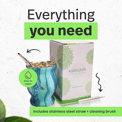 Vista 39 de Kalmateh Modern Yerba Mate Gourd - Doble pared 18/8 de acero inoxidable - Incluye bombilla y un cepillo de limpieza - 9 oz, 9.1 fl oz (mármol)