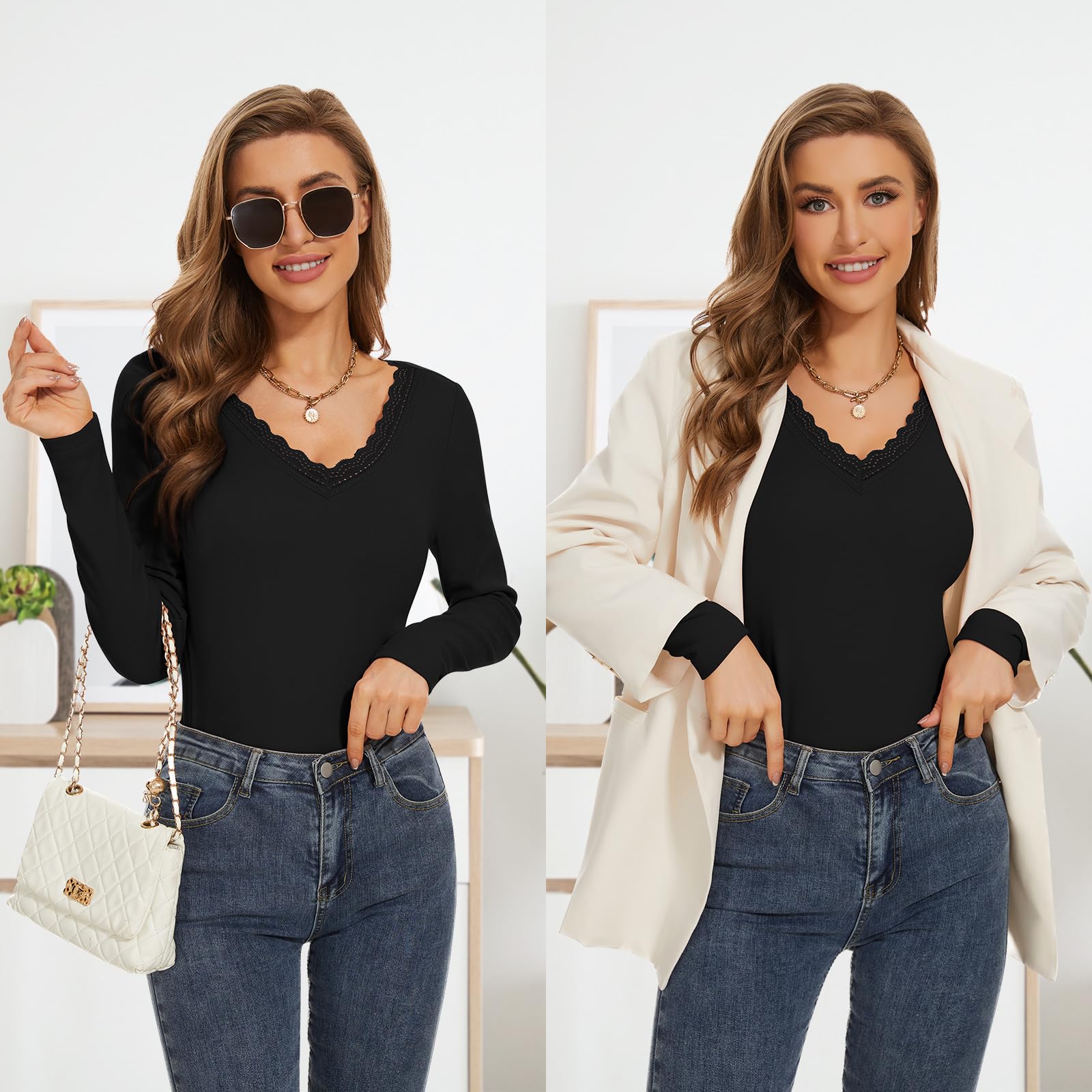 WOWENY T-Shirt Thermique à Manches Longues pour Femme - Pull Chaud d'Hiver - Col en V - Fonctionnel