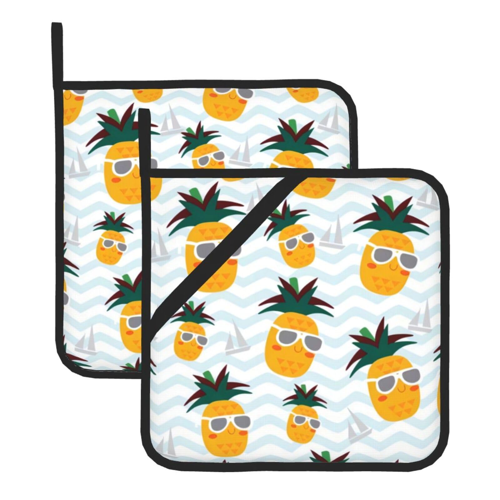 YYHWHJDE Cute Pineapple Prints Square Hot Pads for Kitchen Counter - Waterproof Pot Holders, Durable Oven Mitt Layers with Hanging Loop, Heat Resistant Trivets (2-Pack)