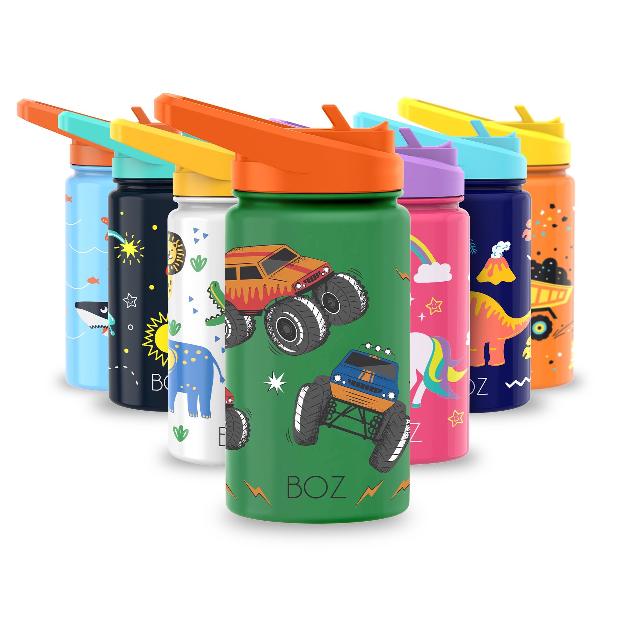 BOZ Kids Insulated Water Bottle with Straw Lid, Stainless Steel Vacuum Double Wall Water Cup, 14 oz (414ml). Scratch-resistant Cute Print and Carry Handle, BPA-free and Dishwasher-safe (Monster Truck) — image 1