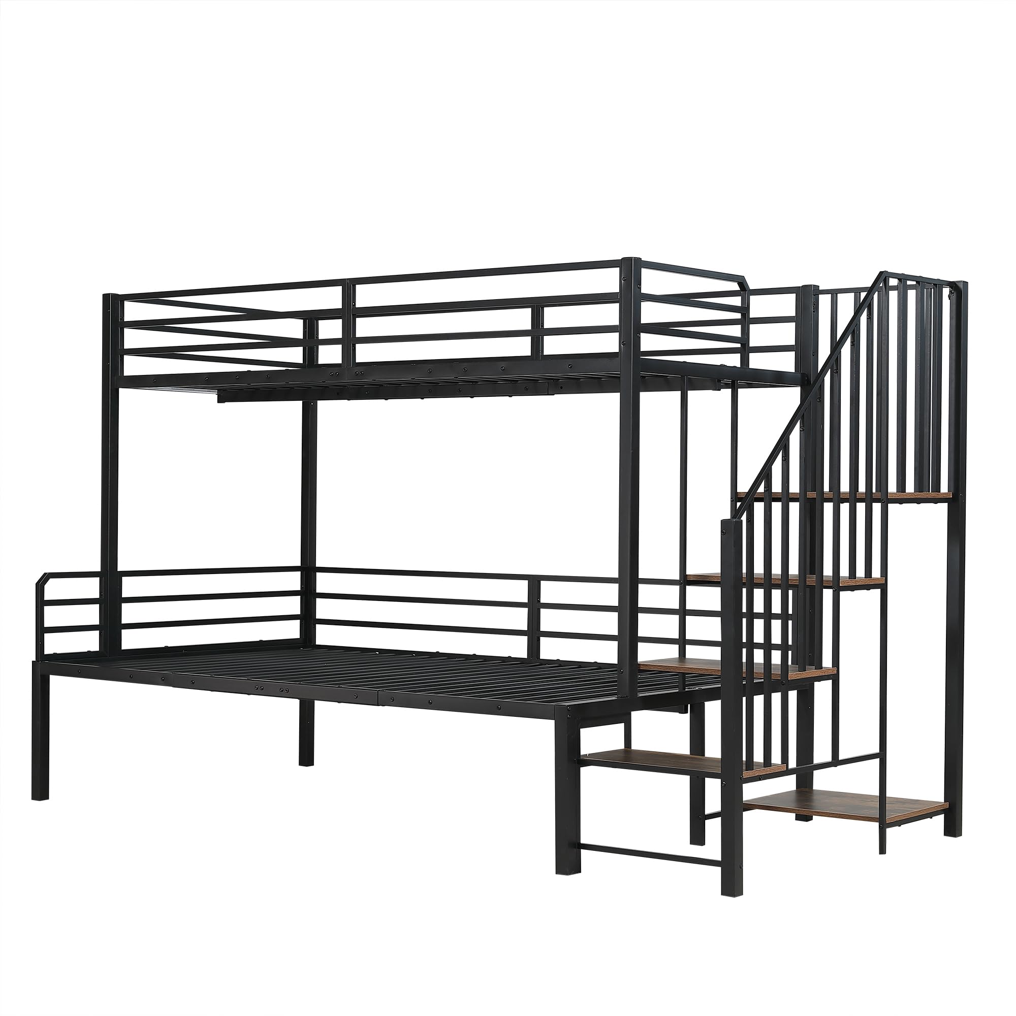 Idemon Letto in ferro a castello, cabina angolare, vano portaoggetti, MDF, nero+legno vintage, 90x200 cm e 120x200 cm
