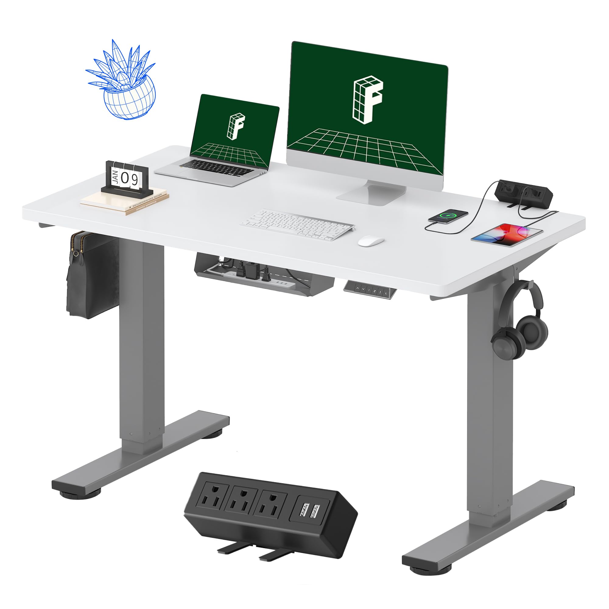 FLEXISPOT EN2 Whole-Piece Standing Desk with Clamp Power Strip, 48 x 24'' Electric Stand Up Height Adjustable Desk with Cable Management (Gray Frame + 48" White Desktop, 2 Packages)