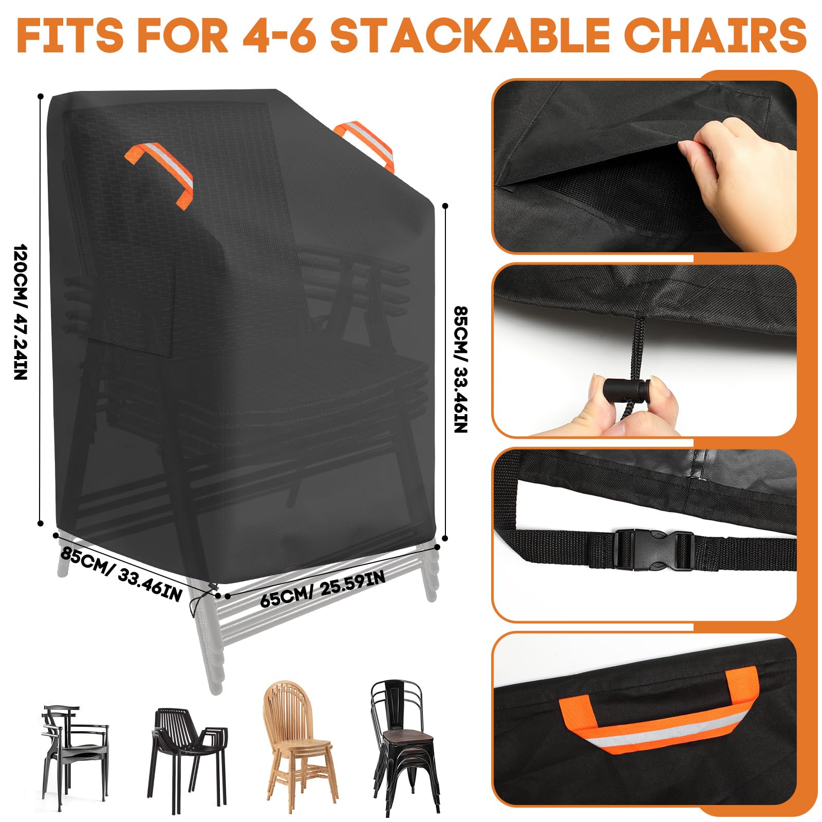 Stacking Chair Covers Garden Waterproof for Outdoor Patio Chair Cover dust-Waterproof weatherproof snow-resistant 600D PVC Oxford Fabric Heavy Duty for Stackable Chair Cover (Black - Image 2