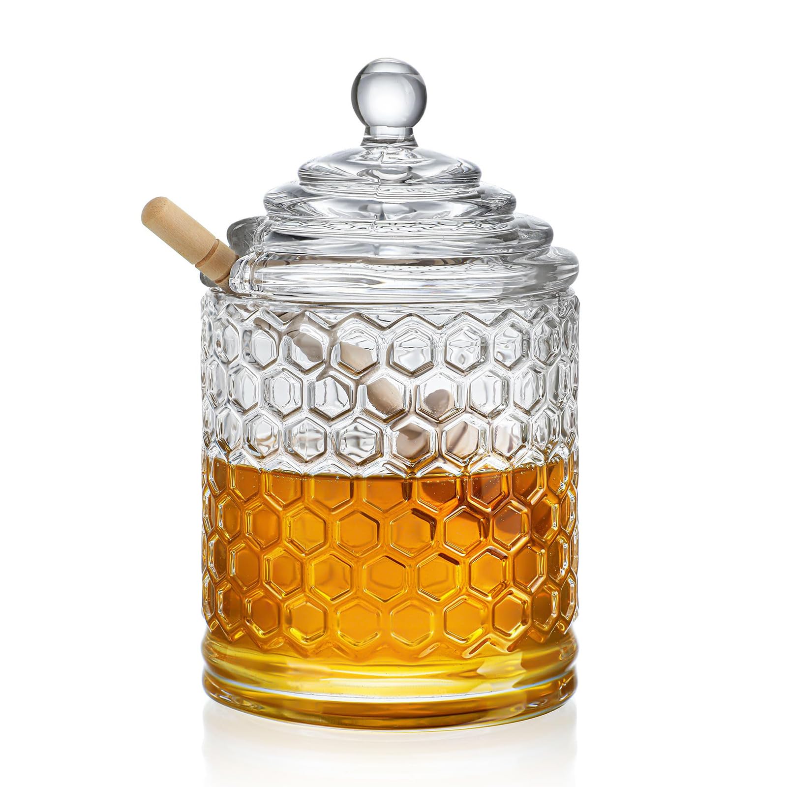 Paporich Clear Crystal Honey Pot, Glass Honey Dispenser, Glass Honey Jar with Dipper, Clear Crystal Glass Honey Pot, Store Honey and Syrup, Easy to Clean, for Home Kitchen