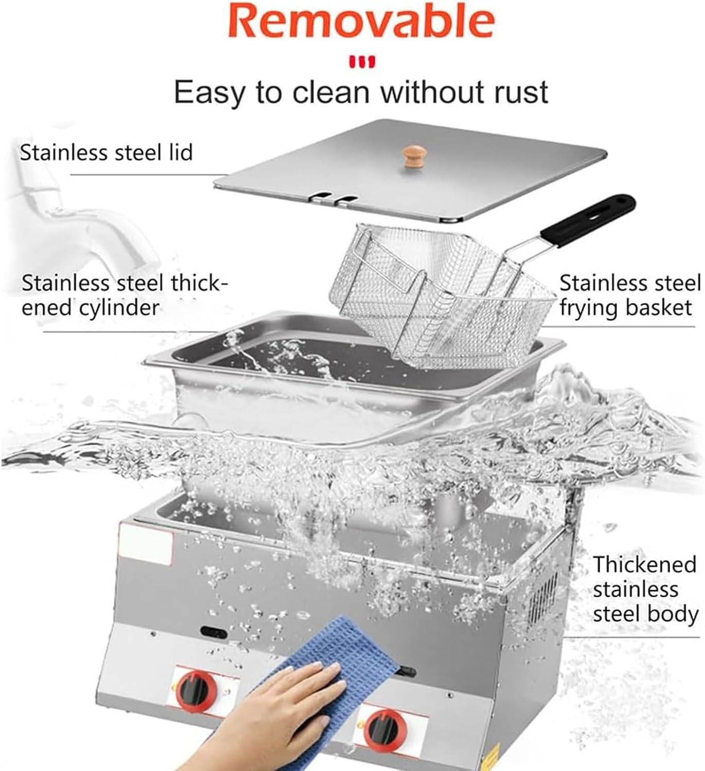 16L Large Capacity Gas Fryer, Stainless Steel LPG Fryer with Basket and Lid, Professional Frying Machine for Fry Restaurants Supermarkets Fast Food Stands (B)