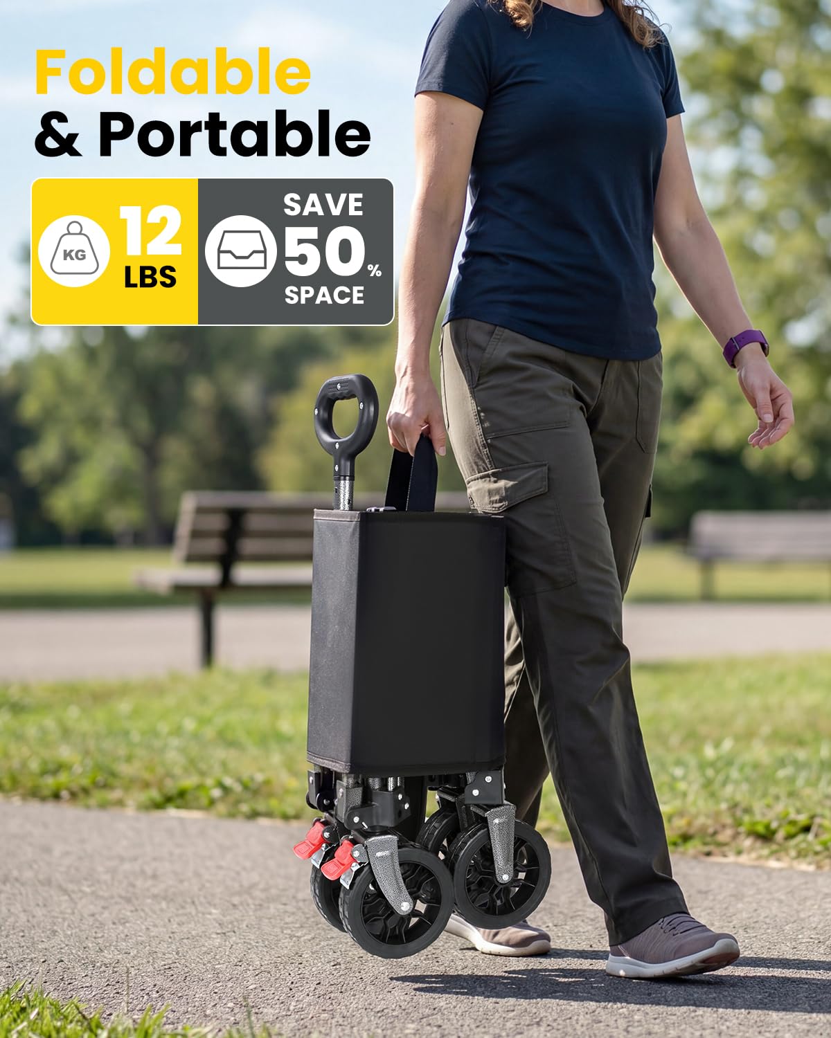 YEAUPE PRO Carrello pieghevole con freno di stazionamento, 70 l, 50 kg, carrello pieghevole in 4 direzioni, manico regolabile in altezza e apertura laterale per giardino, campeggio, spiaggia e