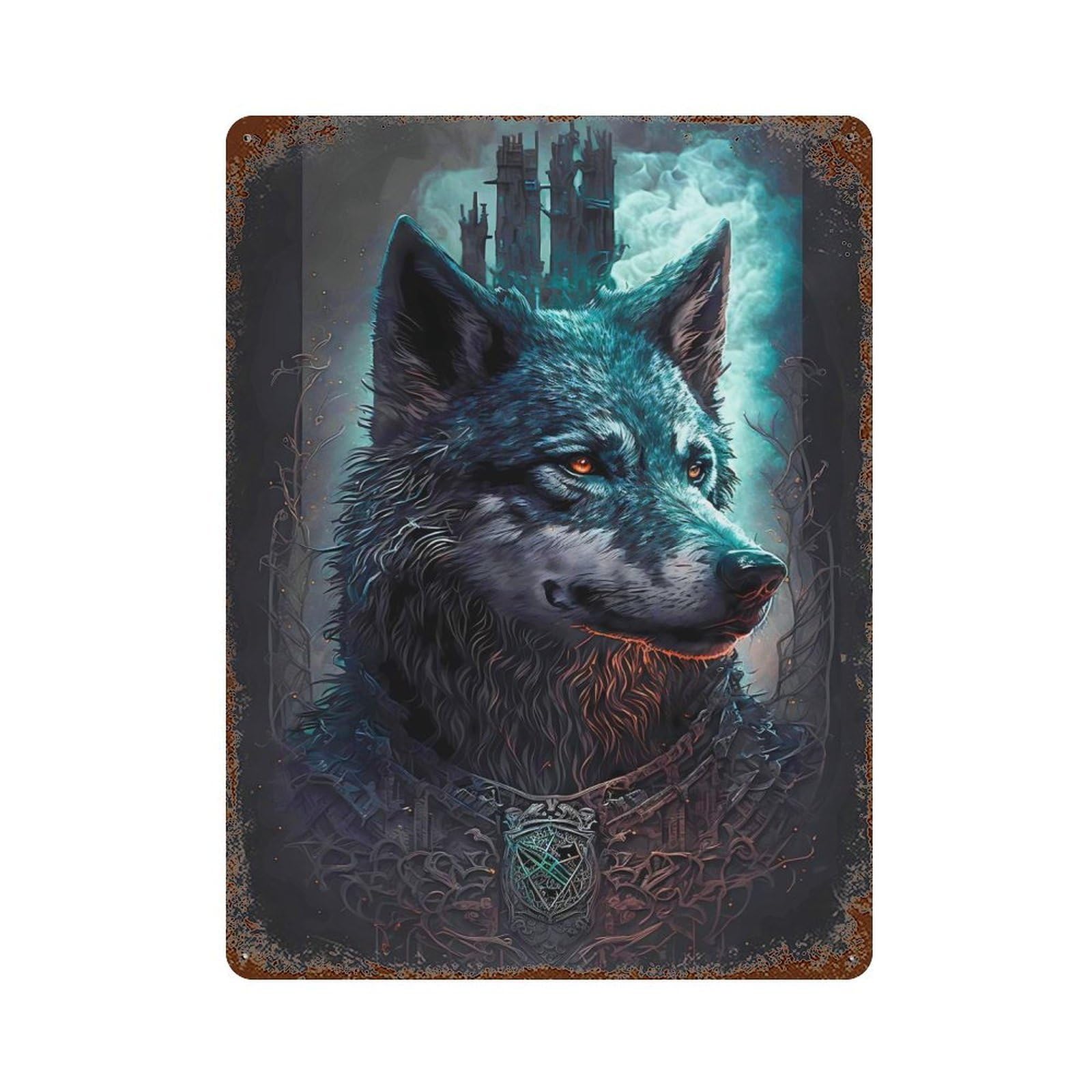 Wolf Enchanted World Decorative Tin Sign 15.7"x11.8", Rustic Home Decor for Garage, Pub Or Kitchen