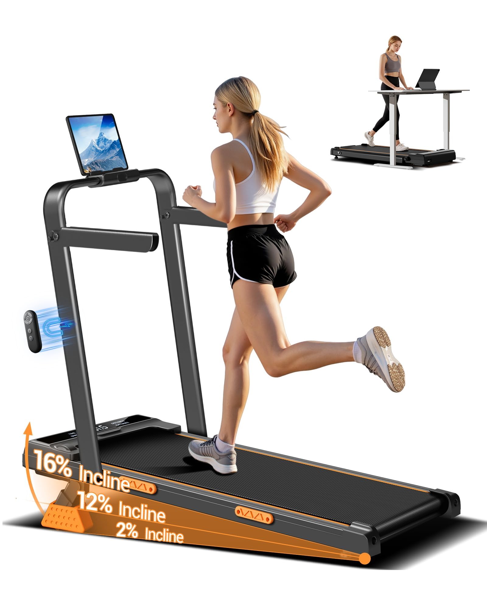 Walking Pad Klappbar mit Steigung, 10% Neigung, 1–10 km/h Laufband für Zuhause, mit Handlauf, LED Anzeige, platzsparend, bis 120 kg