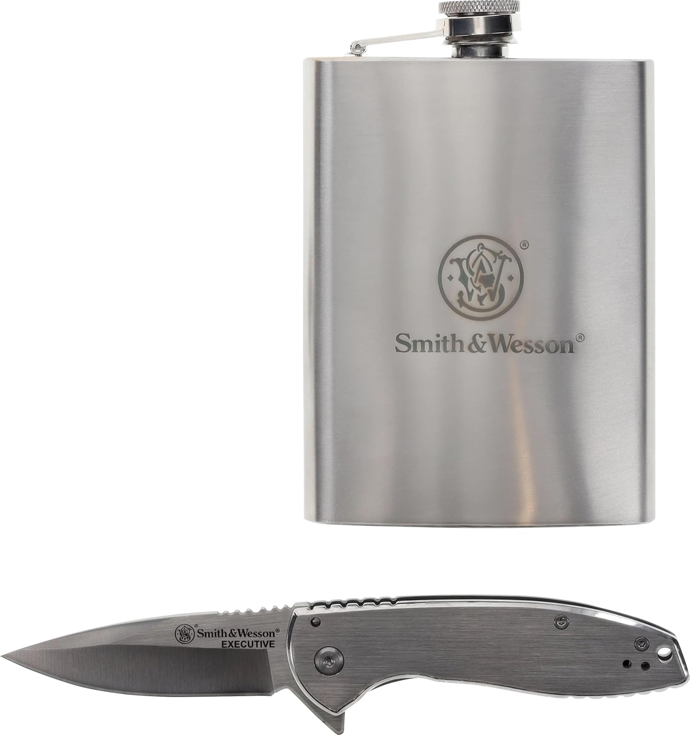 Smith & Wesson Executive Knife and 8oz. Brushed Metal Flask with Fill Funnel Gift Set